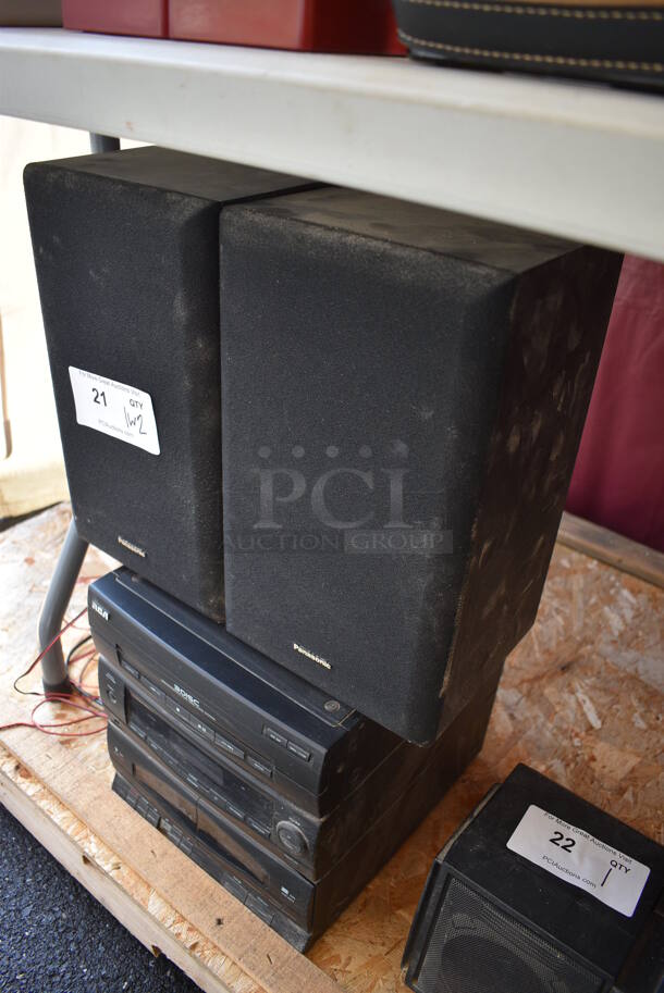 RCA 3 Disc Simultaneous Play and Load Stereo System w/ 2 Panasonic Speakers. 11x13x11.5, 8x7.5x13.5 - Image 7 of 7