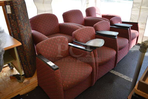 7 Various Red Patterned Chairs. 3 w/ Desktop Attached. 27x26x30, 36x32x36. 7 Times Your Bid!