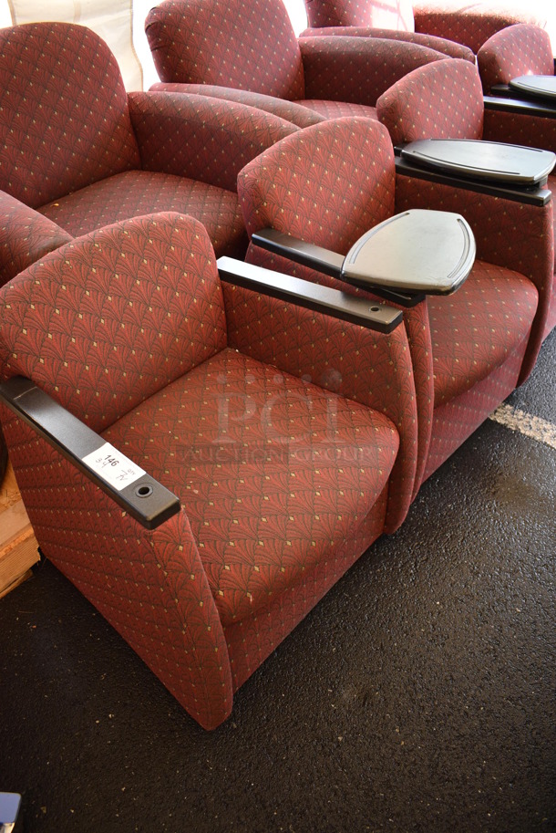 7 Various Red Patterned Chairs. 3 w/ Desktop Attached. 27x26x30, 36x32x36. 7 Times Your Bid! - Image 3 of 7