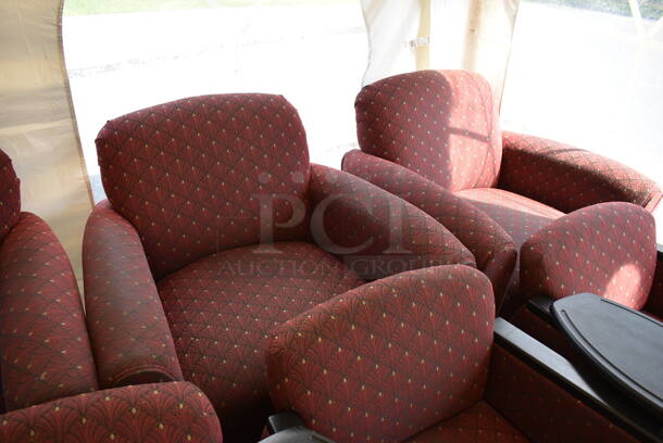 7 Various Red Patterned Chairs. 3 w/ Desktop Attached. 27x26x30, 36x32x36. 7 Times Your Bid! - Image 5 of 7