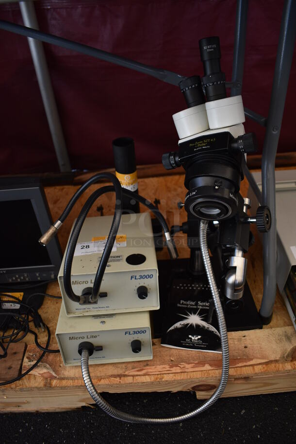 OC White Pro Zoom SZT 4.5 Prolite Microscope w/ 2 Micro Lite FL3000 Halogen Light Sources. 10x20x26, 7.5x10x4