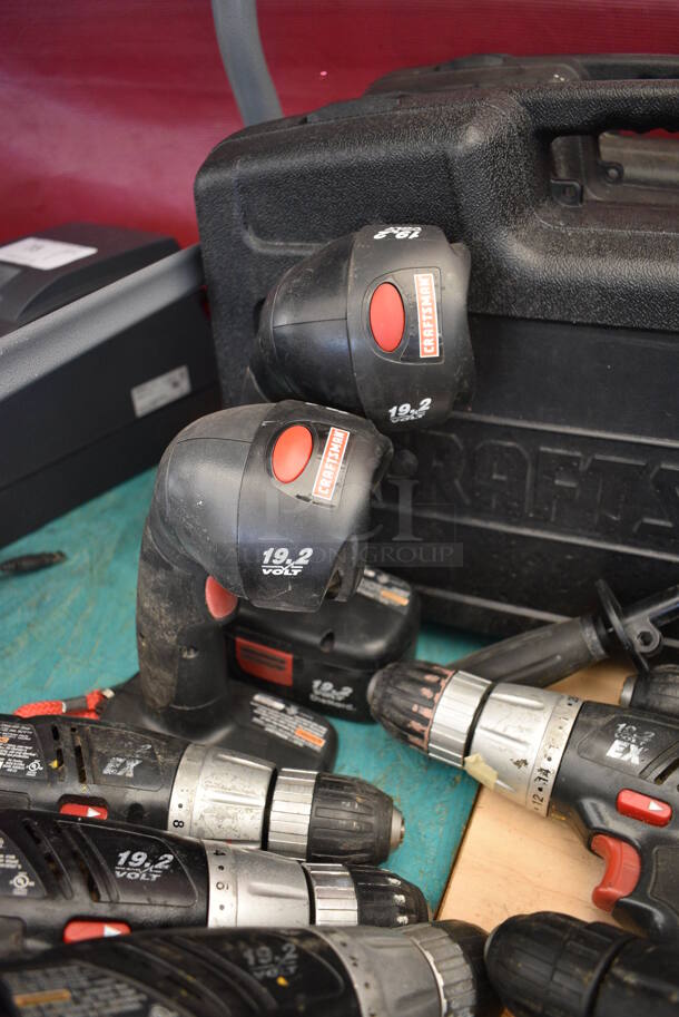 ALL ONE MONEY! MEGA LOT of 8 Craftsman Drills, 2 Craftsman Lights, 3 Craftsman Cases, 13 Batteries and 10 Craftsman Charger Bases. - Image 5 of 10