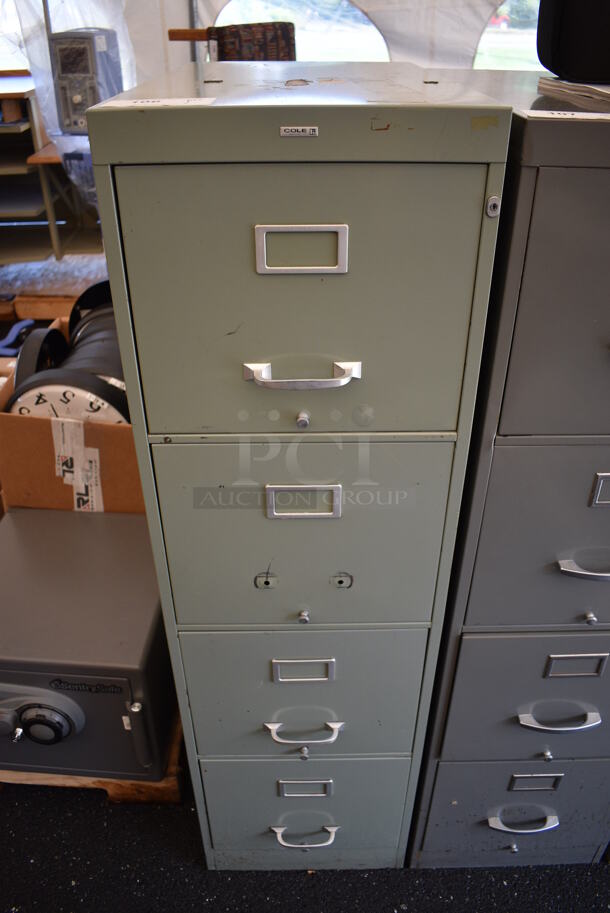 Cole Metal Light Green Gray 4 Drawer Filing Cabinet. Unit Is Locked. 15x27x52.5 - Image 1 of 5