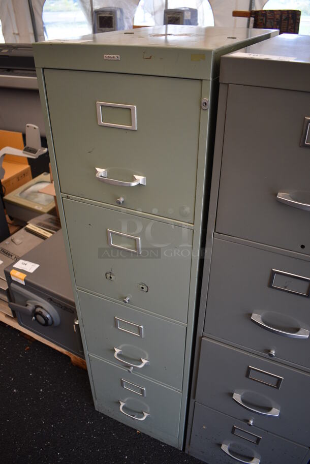 Cole Metal Light Green Gray 4 Drawer Filing Cabinet. Unit Is Locked. 15x27x52.5 - Image 2 of 5