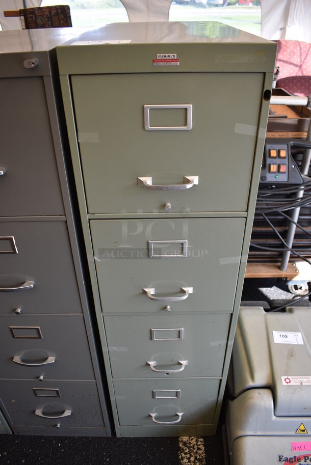 Cole Metal Light Green Gray 4 Drawer Filing Cabinet. Lock Is Drilled Out. 15x27x52.5