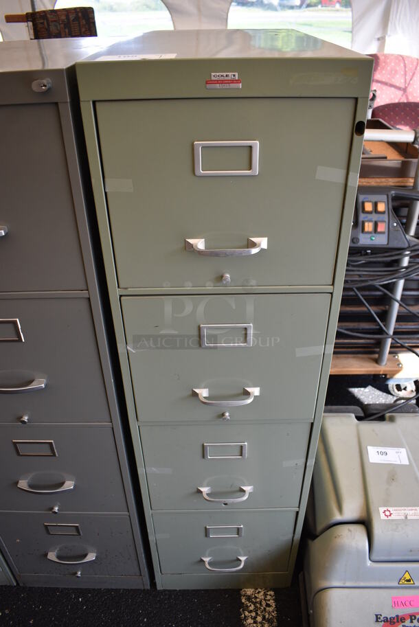 Cole Metal Light Green Gray 4 Drawer Filing Cabinet. Lock Is Drilled Out. 15x27x52.5 - Image 1 of 7