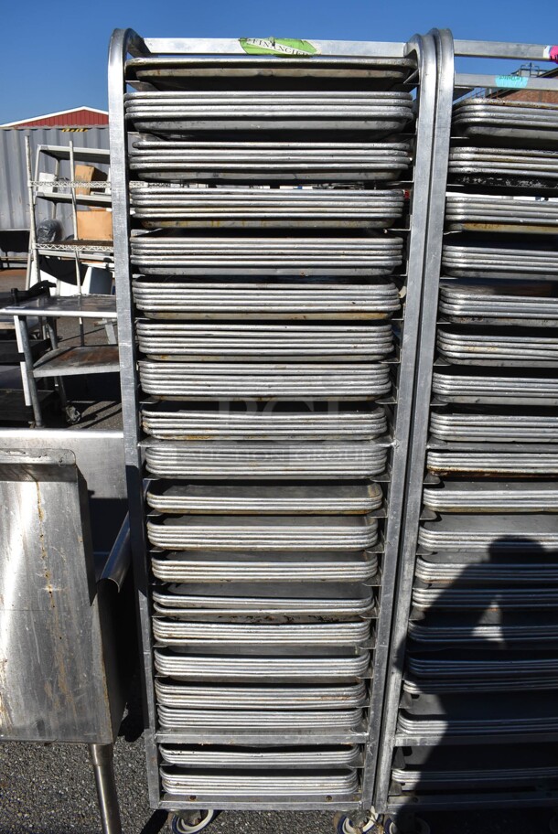 Metal Commercial Pan Transport Rack w/ 88 Full Size Metal Baking Pans on Commercial Casters. 20.5x26x70. 18x26x1