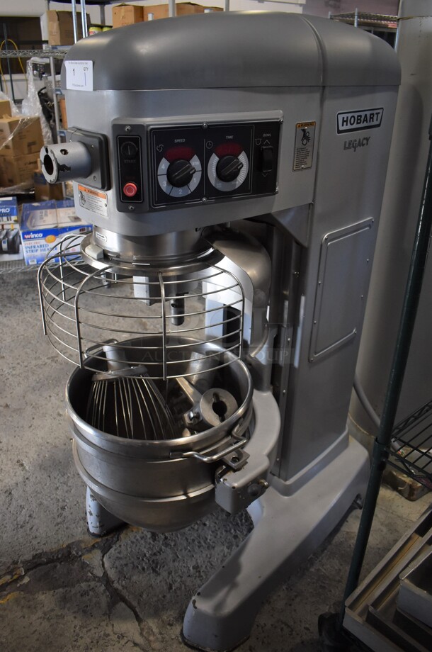 Hobart Legacy HL600 Metal Commercial Floor Style 60 Quart Planetary Dough Mixer w/ Stainless Steel Mixing Bowl, Bowl Guard, Balloon Whisk, Paddle and Dough Hook Attachments. 380-460 Volts, 3 Phase. 29x40x62 - Image 1 of 10