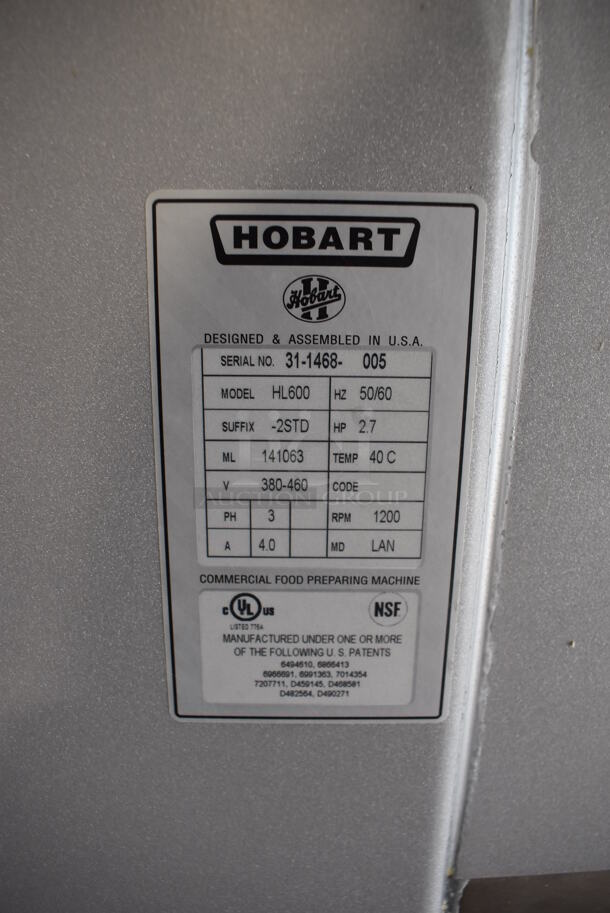 Hobart Legacy HL600 Metal Commercial Floor Style 60 Quart Planetary Dough Mixer w/ Stainless Steel Mixing Bowl, Bowl Guard, Balloon Whisk, Paddle and Dough Hook Attachments. 380-460 Volts, 3 Phase. 29x40x62 - Image 7 of 10