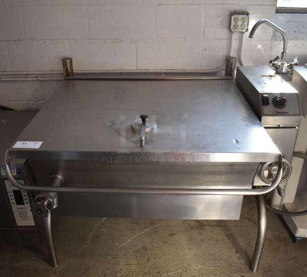 Cleveland Stainless Steel Commercial Floor Style Electric Powered Manual Tilting Braising Pan Skillet. 208-250 Volts, 3 Phase. 54x43x50