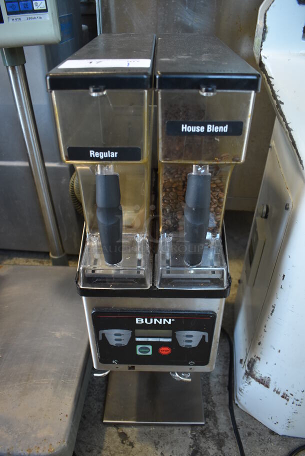 2011 Bunn MHG Stainless Steel Commercial Countertop 2 Hopper Coffee Bean Grinder. 120 Volts, 1 Phase. 9x16x29. Tested and Powers On