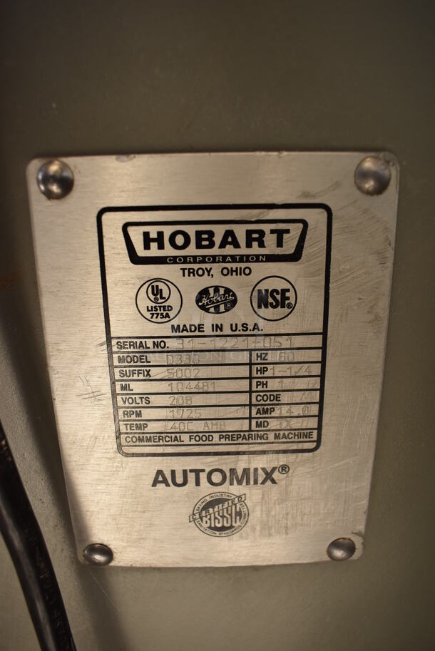Hobart D330 Metal Commercial Floor Style 30 Quart Planetary Dough Mixer w/ Bowl Guard. 208 Volts, 1 Phase. 22x30x51 - Image 6 of 6