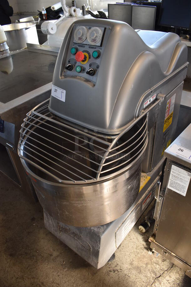 Effedue Supreme Metal Commercial Floor Style Spiral Mixer w/ Stainless Steel Mixing Bowl, Bowl Guard and Dough Hook. 208 Volts, 3 Phase. 24x42x51