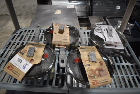 4 Various BRAND NEW! Metal Skillets w/ Lids. 17x9.5x4.5, 19x9.5x6. 4 Times Your Bid!