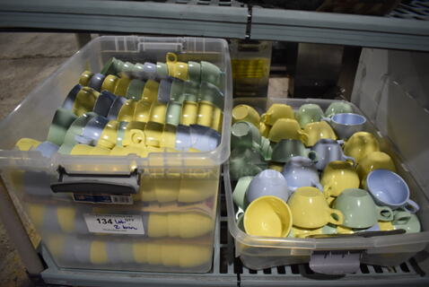 ALL ONE MONEY! Lot of 2 Bins of Various Colored Poly Mugs. 5x4x2.5