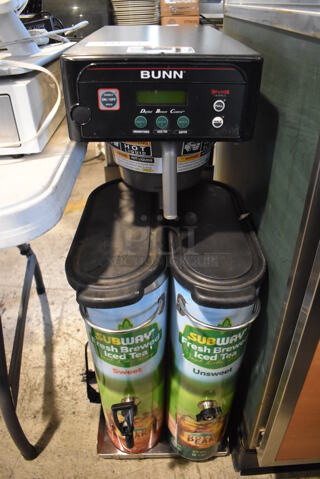 Bunn ITCB-DV Stainless Steel Commercial Countertop Iced Tea Machine w/ 2 Stainless Steel Beverage Holder Dispensers and Poly Brew Basket. 120 Volts, 1 Phase. 12x24x35