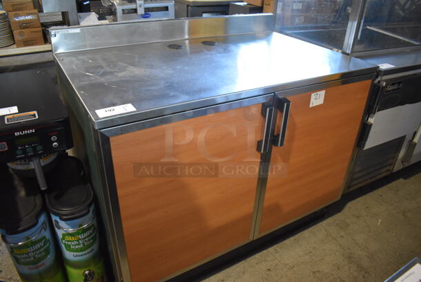 Duke Stainless Steel Commercial Counter w/ 2 Wood Pattern Doors and Back Splash. 48x30x40