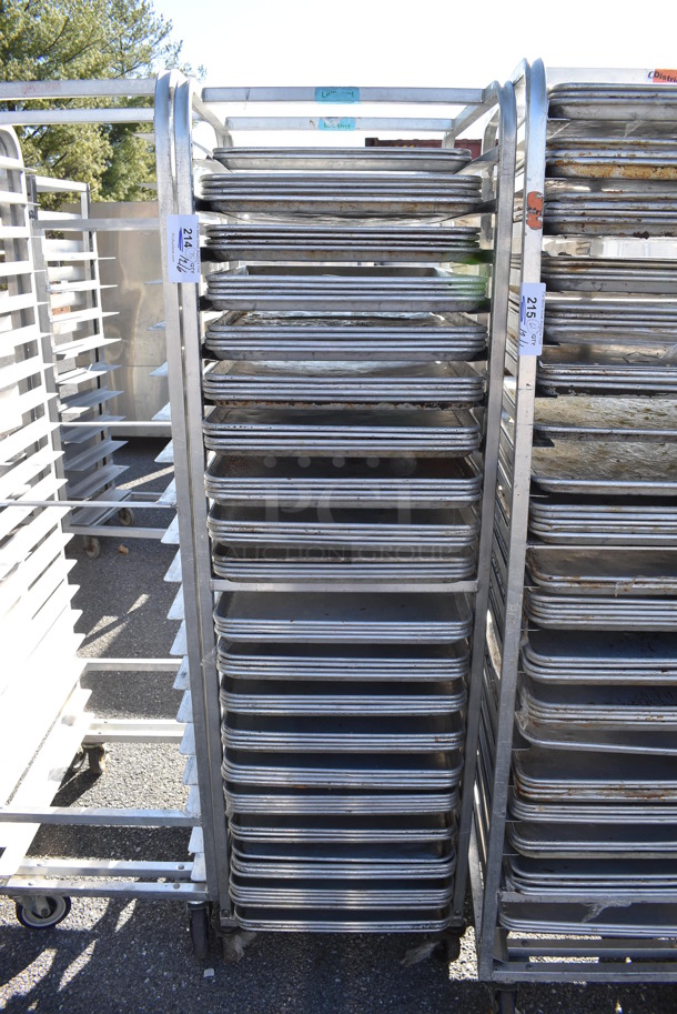 Metal Commercial Pan Transport Rack w/ 75 Full Size Metal Baking Pans on Commercial Casters. 20.5x26x70. 18x26x1
