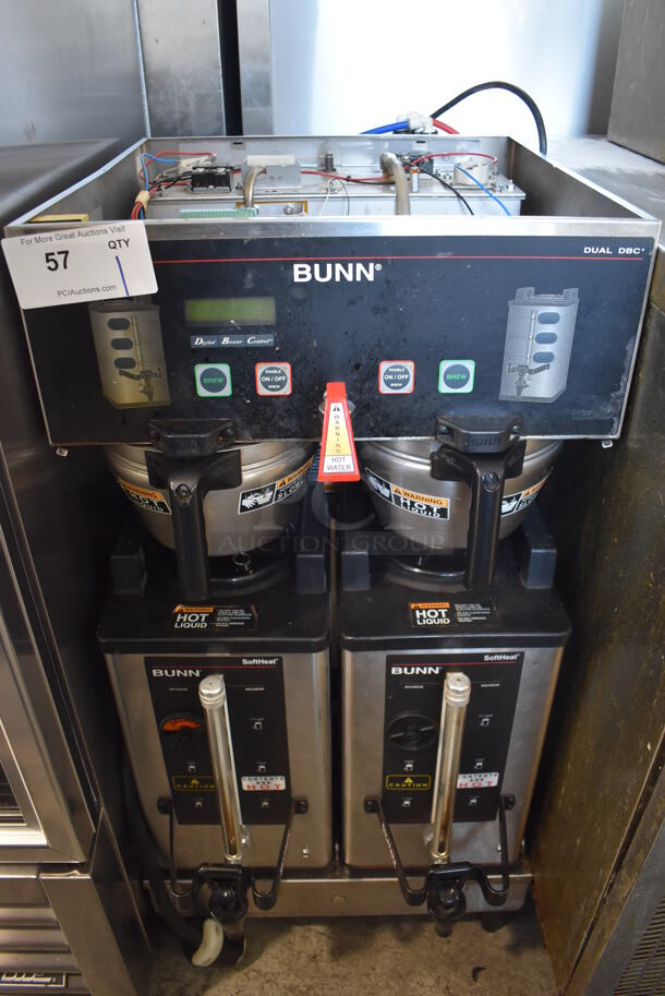 2010 Bunn DUAL SH DBC Stainless Steel Commercial Countertop Coffee Machine w/ Hot Water Dispenser, 2 Satellite Servers and 2 Metal Brew Baskets. 120/240 Volts, 1 Phase. 18x29x36