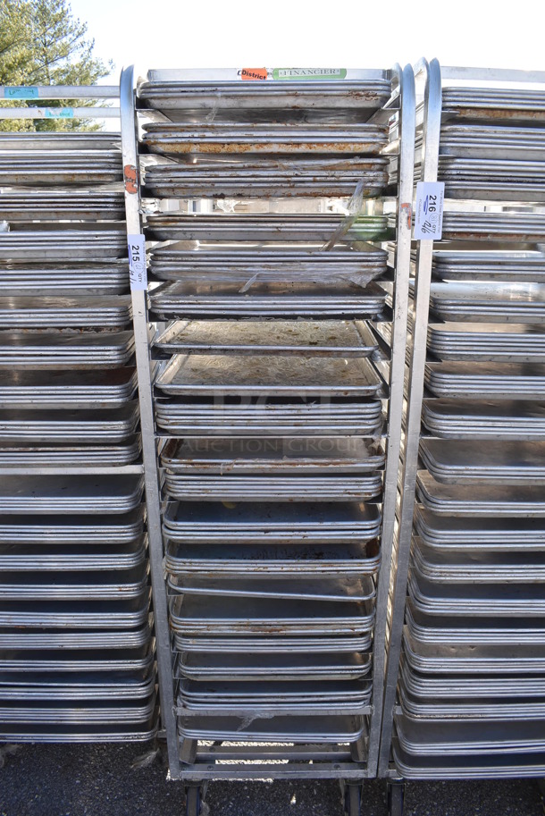 Metal Commercial Pan Transport Rack w/ 61 Full Size Metal Baking Pans on Commercial Casters. 20.5x26x70. 18x26x1