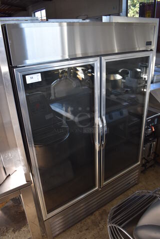 2019 True GDM-49-HC~TSL01 Stainless Steel Commercial 2 Door Reach In Cooler Merchandiser w/ Poly Coated Racks. 115 Volts, 1 Phase. 54x32x79. Tested and Working!