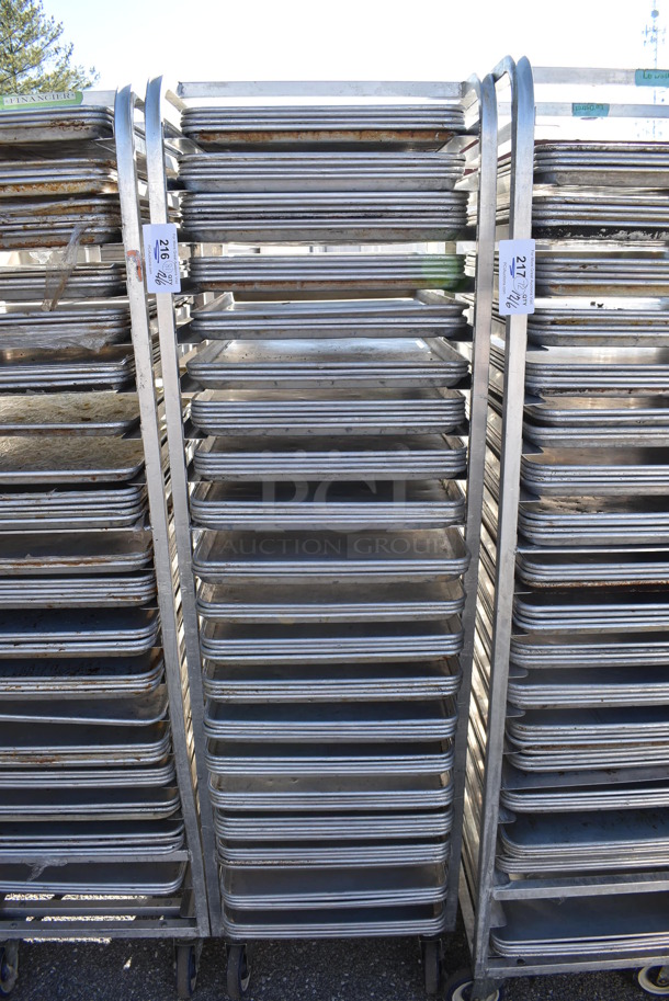 Metal Commercial Pan Transport Rack w/ 81 Full Size Metal Baking Pans on Commercial Casters. 20.5x26x70. 18x26x1