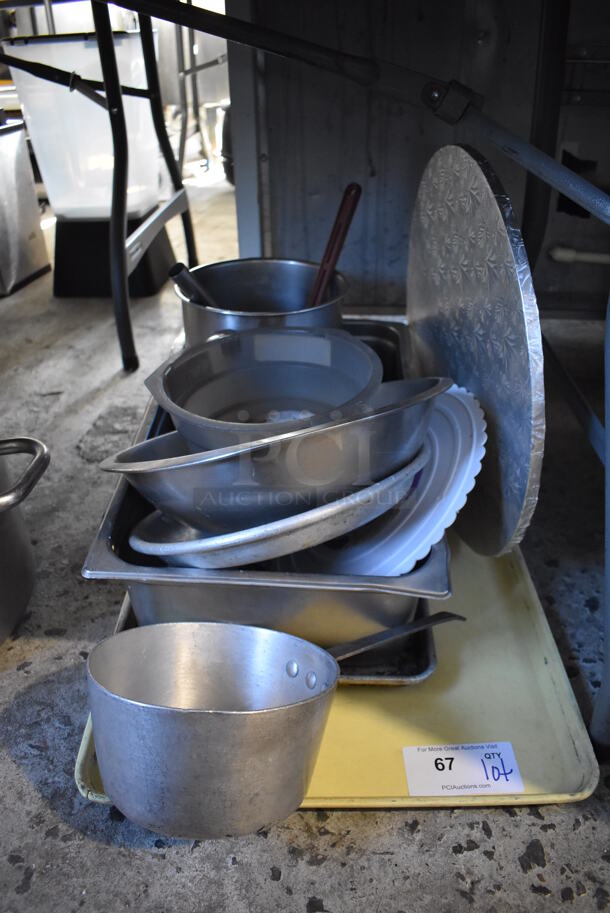 ALL ONE MONEY! Lot of Various Items Including Metal Bowls, Sauce Pan, Poly Brew Basket and Tray - Image 1 of 4