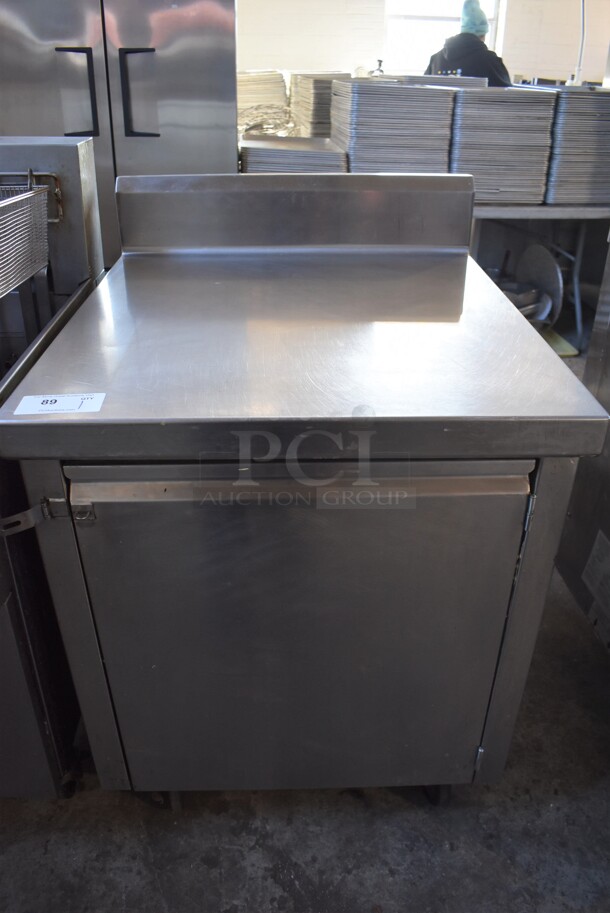 Stainless Steel Counter w/ Back Splash, Door and Under Shelf on Commercial Casters. 29x32x42.5