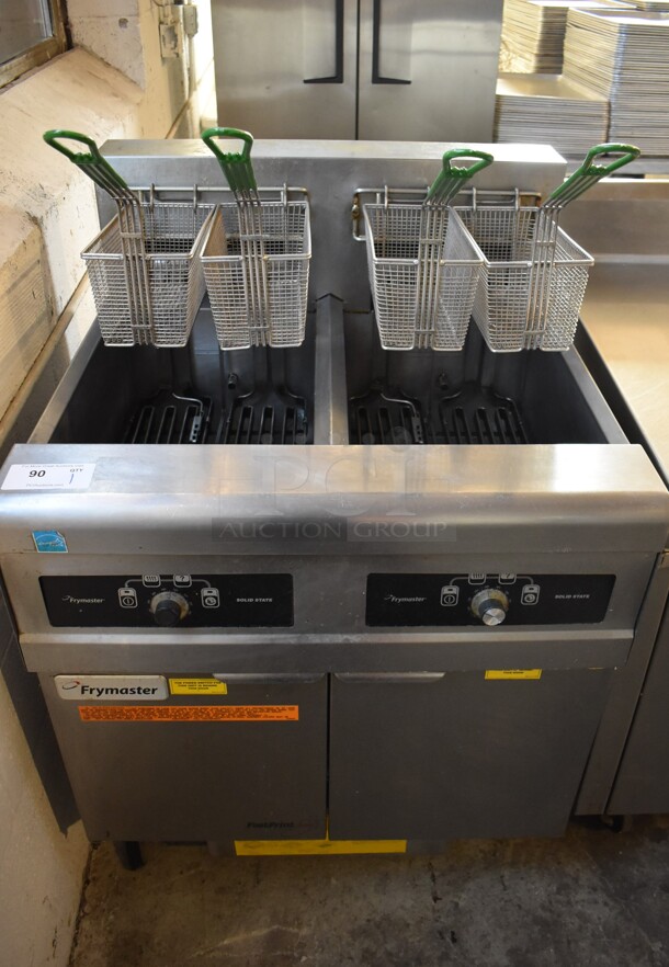 2013 Frymaster FPRE217SC Stainless Steel Commercial Electric Powered 2 Bay Deep Fat Fryer w/ 4 Metal Fry Baskets on Commercial Casters. 480 Volts, 3 Phase. 31.5x31x45 