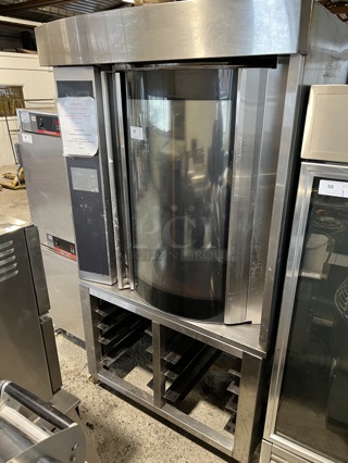 Revent ONE39 EL Stainless Steel Commercial Mini Rotating Rack Oven on Commercial Casters. 440-480 Volts, 3 Phase. 47x41x89