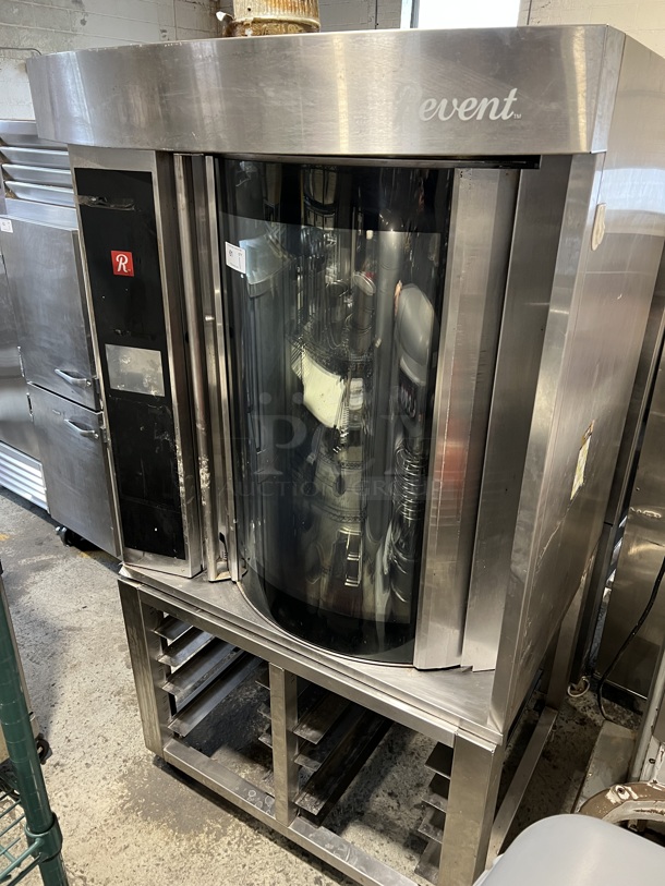 Revent ONE39 EL Stainless Steel Commercial Mini Rotating Rack Oven on Commercial Casters. 440-480 Volts, 3 Phase. 47x41x89