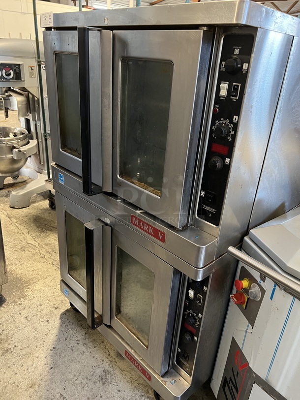 2 Blodgett MARK-V-111 ENERGY STAR Stainless Steel Commercial Electric Powered Full Size Convection Ovens w/ View Through Doors, Metal Oven Racks and Thermostatic Controls on Commercial Casters. 440 Volts, 3 Phase. 38.5x40x67. 2 Times Your Bid!