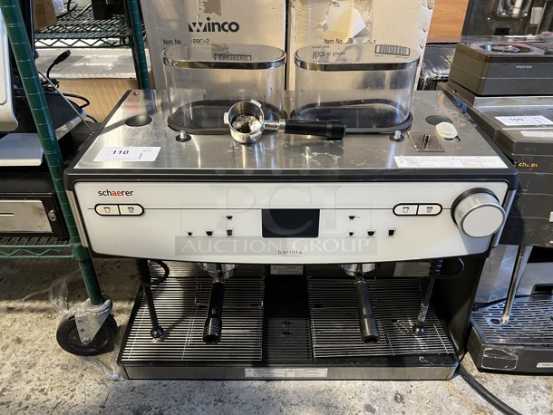 Schaerer Barista Stainless Steel Commercial Countertop 2 Group Espresso Machine w/ 3 Portafilters, 2 Steam Wands and 2 Hoppers. 208 Volts, 1 Phase. 29x24x25