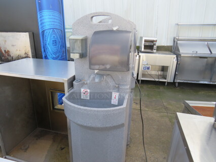 One Poly John Portable Outdoor Hand Wash Station With Water Tank, Soap Dispenser, Paper Towel Dispenser, With Foot Pedal Control. 18X21X62