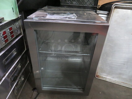 One Stainless Steel Red Bull Glass Door Counter top Cooler With 1 Rack. Model# MED. 110-120 Volt. 16X17.5X23
