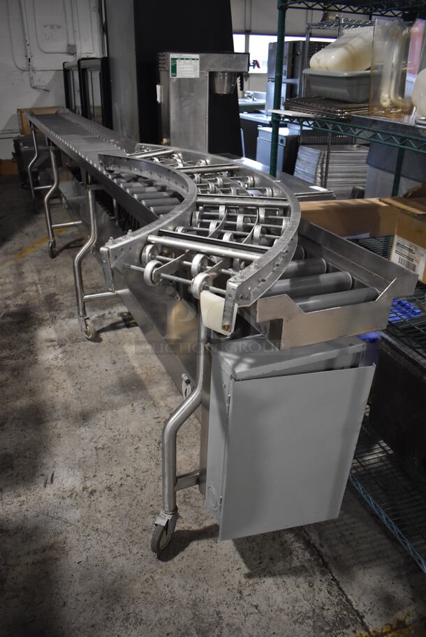 ALL ONE MONEY! Lot of RSR16 16' Food Service Conveyor Belt w/ Electrical Raceway on Commercial Casters and Extra Curve Piece. 120/208 Volts, 3 Phase. 192x23x38, 12x55x3