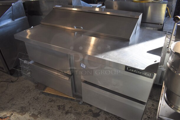 Continental SW60-12C Stainless Steel Commercial Sandwich Salad Prep Table Bain Marie Mega Top on Commercial Casters. Missing 2 Casters. 115 Volts, 1 Phase. 60x35x44. Tested and Working!