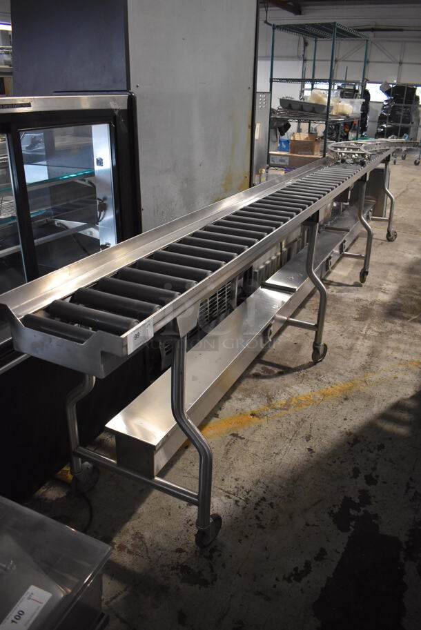 ALL ONE MONEY! Lot of RSR16 16' Food Service Conveyor Belt w/ Electrical Raceway on Commercial Casters and Extra Curve Piece. 120/208 Volts, 3 Phase. 192x23x38, 12x55x3 - Image 2 of 10