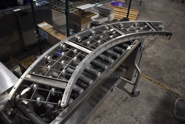 ALL ONE MONEY! Lot of RSR16 16' Food Service Conveyor Belt w/ Electrical Raceway on Commercial Casters and Extra Curve Piece. 120/208 Volts, 3 Phase. 192x23x38, 12x55x3 - Image 5 of 10