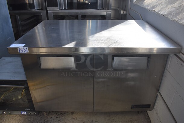 True TSSU-48-18M-B Stainless Steel Commercial 2 Door Work Top Cooler on Commercial Casters. 115 Volts, 1 Phase. 48x34x35.5. Tested and Powers On But Temps at 48 Degrees