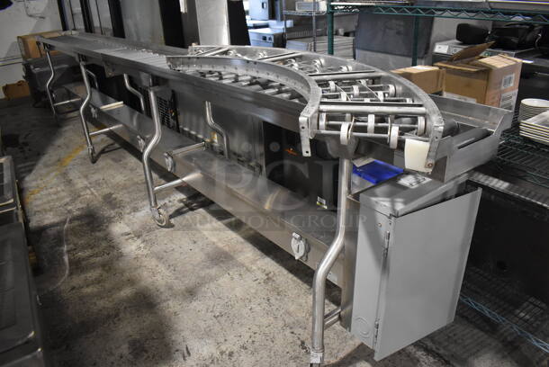 ALL ONE MONEY! Lot of RSR16 16' Food Service Conveyor Belt w/ Electrical Raceway on Commercial Casters and Extra Curve Piece. 120/208 Volts, 3 Phase. 192x23x38, 12x55x3 - Image 6 of 10