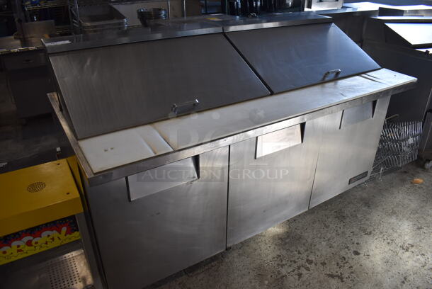 True TSSU-72-30M-B-ST Stainless Steel Commercial Sandwich Salad Prep Table Bain Marie Mega Top on Commercial Casters. 115 Volts, 1 Phase. 72x35x46.5. Tested and Powers On But Temps at 53 Degrees