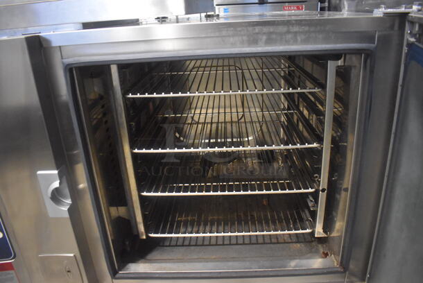2010 Alto Shaam 7.14 ESG/SK Stainless Steel Commercial Natural Gas Powered Combi Convection Oven w/ Stainless Steel Pan Rack Stand on Commercial Casters. 91,000 BTU. 48x42x35, 36x28x32 - Image 6 of 7