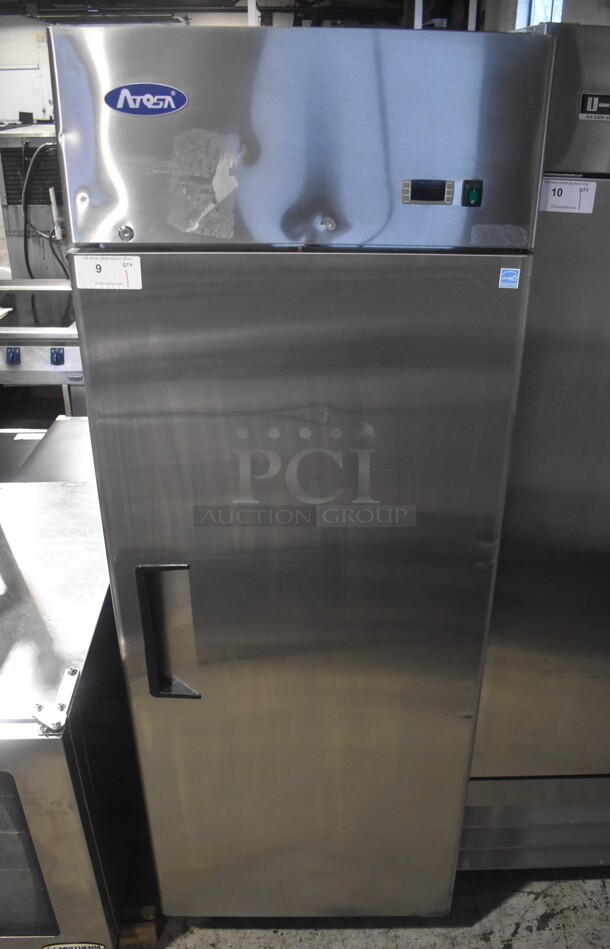 BRAND NEW SCRATCH AND DENT! 2019 Atosa MBF8001GR Stainless Steel Commercial Single Door Reach In Freezer on Commercial Casters. 115 Volts, 1 Phase. 29x32x81.5. Tested and Powers On But Temps at 53 Degrees