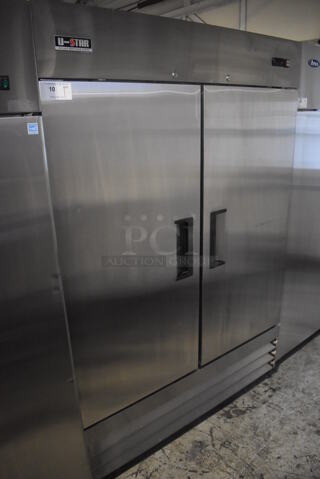 U-Star USRF-2D Stainless Steel Commercial 2 Door Reach In Cooler w/ Poly Coated Racks on Commercial Casters. 115 Volts, 1 Phase. 54x32x82. Tested and Working!