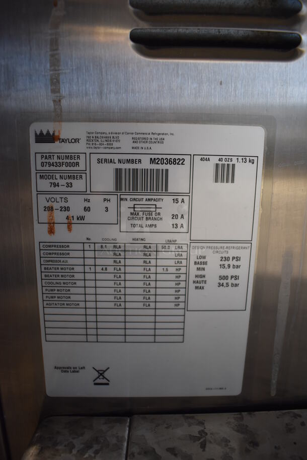 2012 Taylor 794-33 Stainless Steel Commercial Floor Style Air Cooled 2 Flavor w/ Twist Soft Serve Ice Cream Machine on Commercial Casters. 208-230 Volts, 3 Phase. 20x34x60 - Image 6 of 6