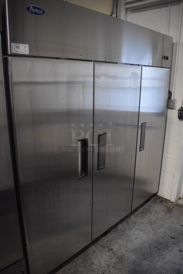 BRAND NEW! 2019 Atosa MBF8006 Stainless Steel Commercial 3 Door Reach In Cooler w/ Poly Coated Racks on Commercial Casters. 115 Volts, 1 Phase. 78x32x83. Tested and Working!