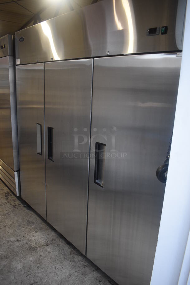 BRAND NEW! 2019 Atosa MBF8006 Stainless Steel Commercial 3 Door Reach In Cooler w/ Poly Coated Racks on Commercial Casters. 115 Volts, 1 Phase. 78x32x83. Tested and Working! - Image 2 of 7