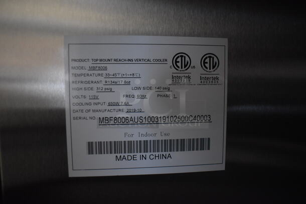 BRAND NEW! 2019 Atosa MBF8006 Stainless Steel Commercial 3 Door Reach In Cooler w/ Poly Coated Racks on Commercial Casters. 115 Volts, 1 Phase. 78x32x83. Tested and Working! - Image 3 of 7