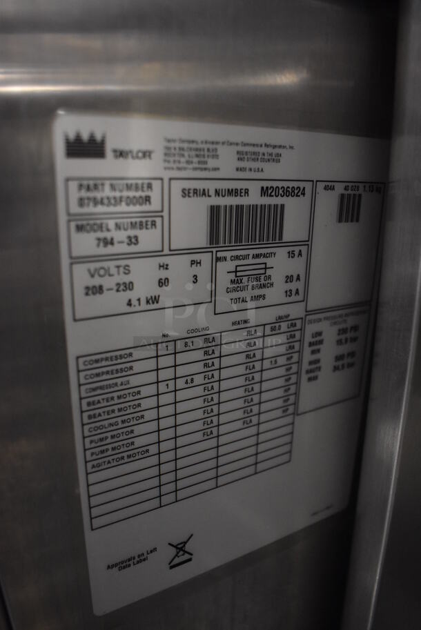 2012 Taylor 794-33 Stainless Steel Commercial Floor Style Air Cooled 2 Flavor w/ Twist Soft Serve Ice Cream Machine on Commercial Casters. 208-230 Volts, 3 Phase. 20x34x60 - Image 7 of 7
